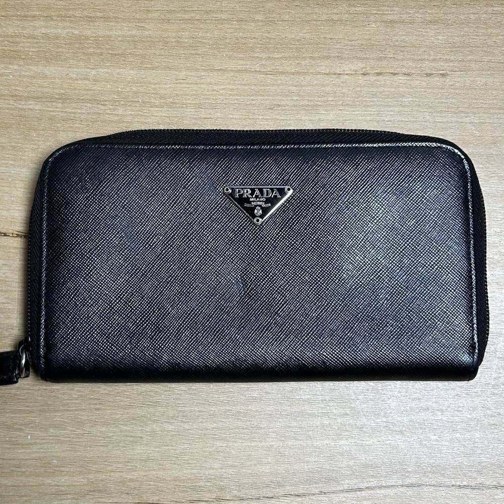 Prada Black Textured Leather Silver Hardware Saffiano Full Zip Around Wallet